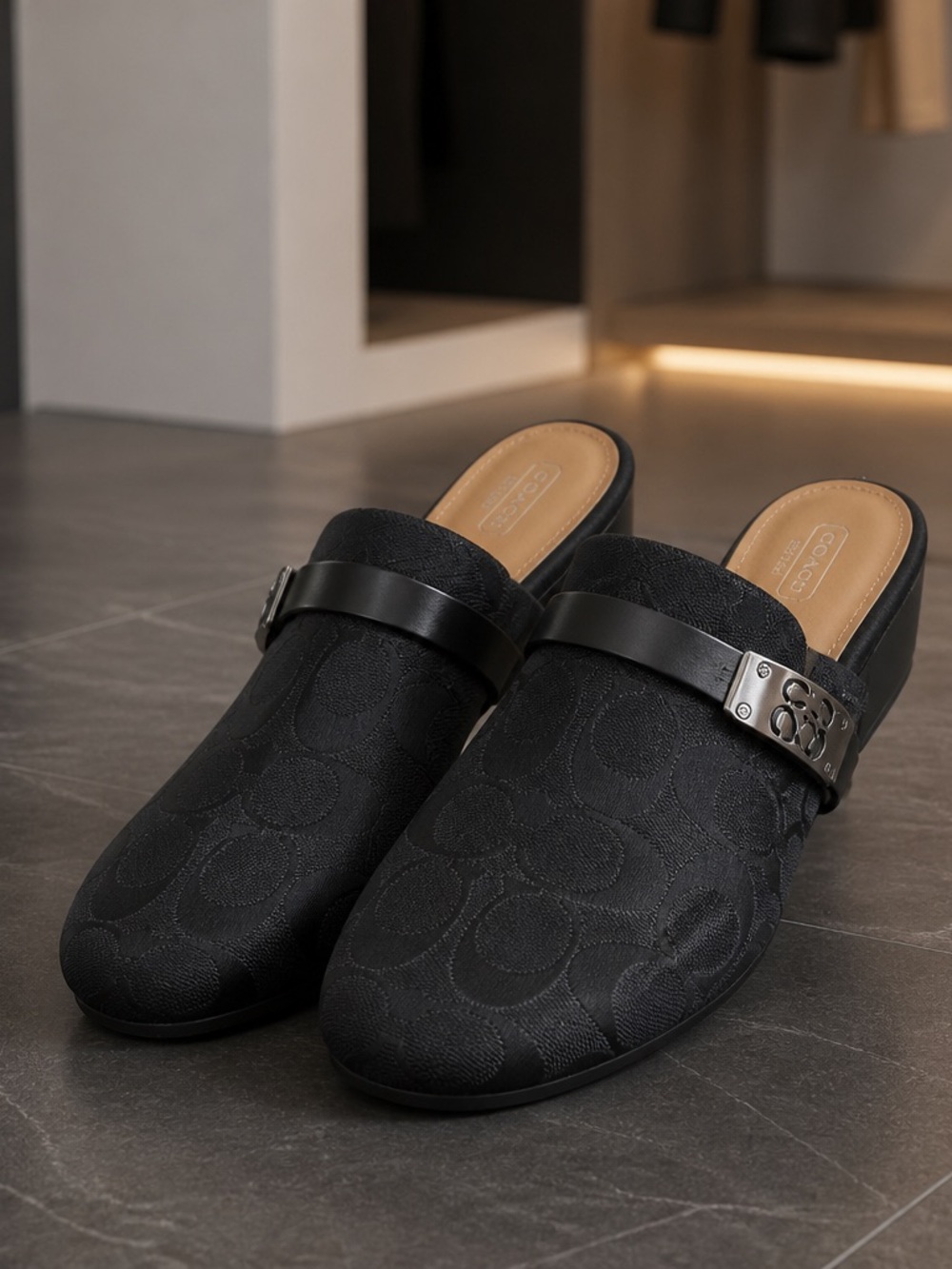 Coach Black Jacquard Leather-Trim Slip-On Mules